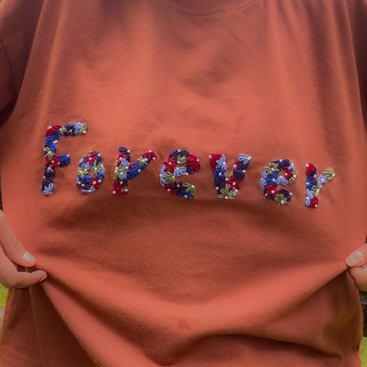 Forever Floral Embroidery T-shirt – Soft Brown Cotton | Handmade Blossom Design