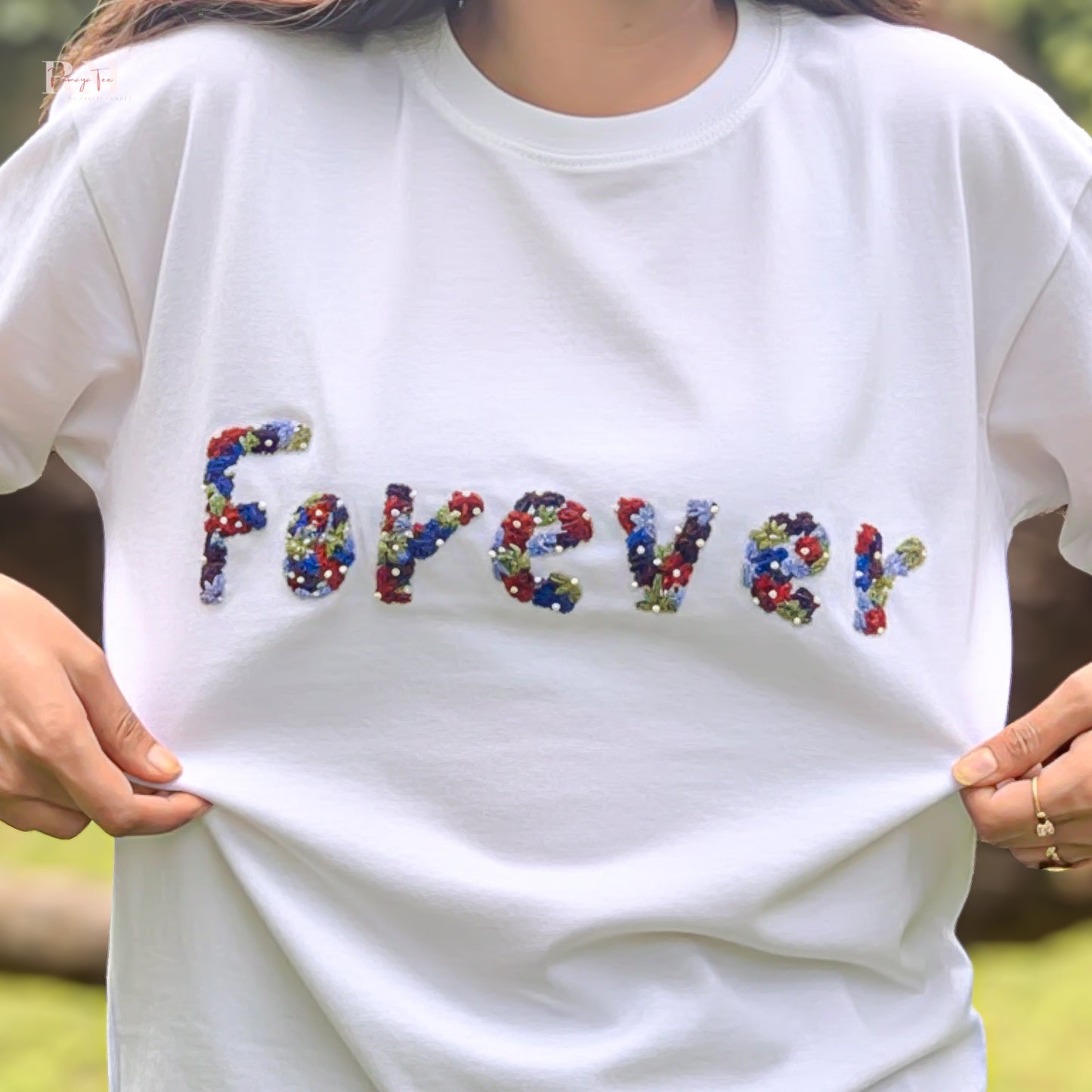 Forever Floral Embroidery T-shirt – Soft Brown Cotton | Handmade Blossom Design