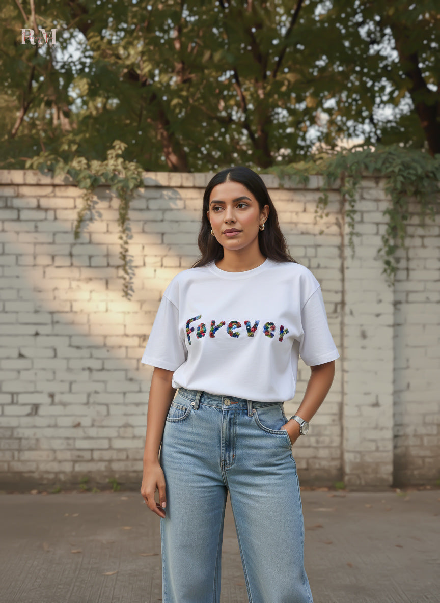 Forever Floral Embroidery T-shirt – Soft Brown Cotton | Handmade Blossom Design