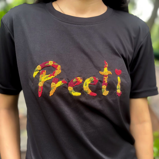 Handmade custom name embroidered T-shirt in black cotton fabric