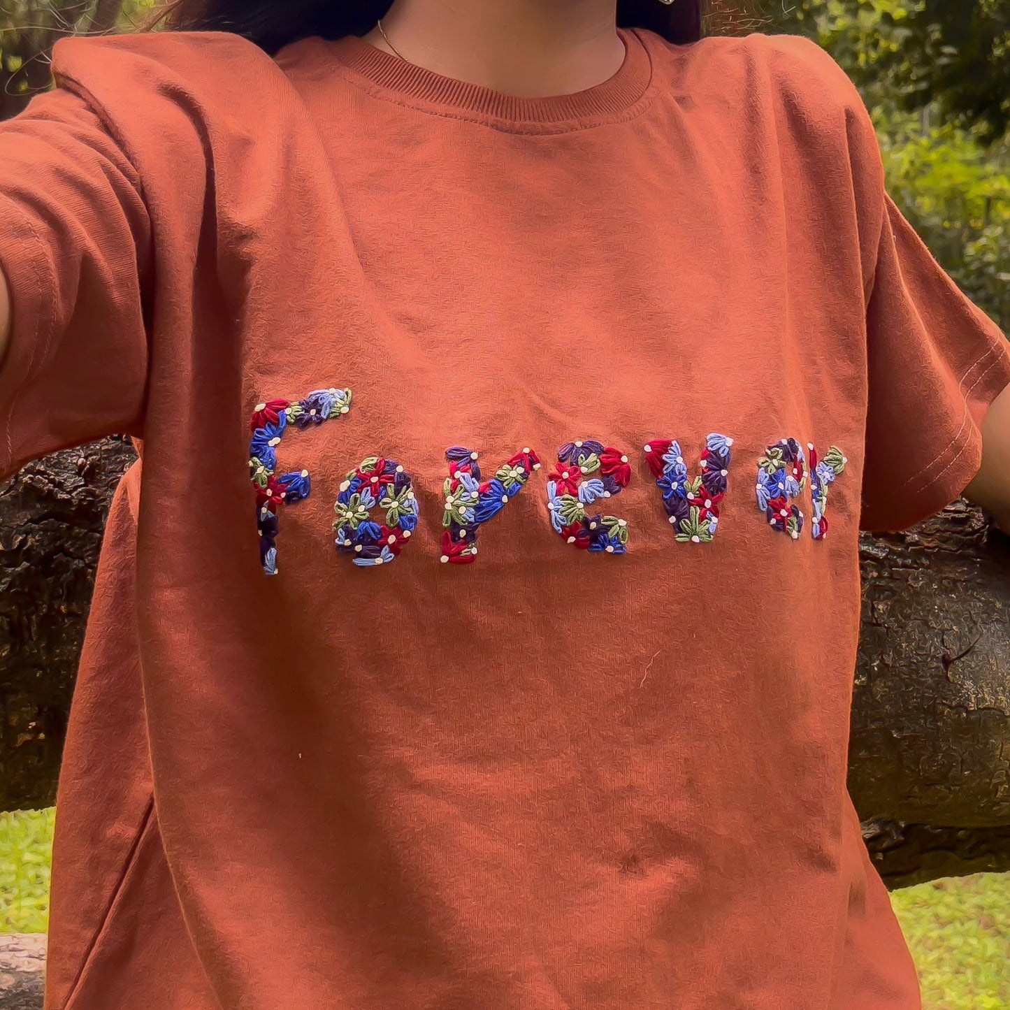 Forever Floral Embroidery T-shirt – Soft Brown Cotton | Handmade Blossom Design
