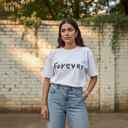Forever Floral Embroidery T-shirt – Soft Brown Cotton | Handmade Blossom Design