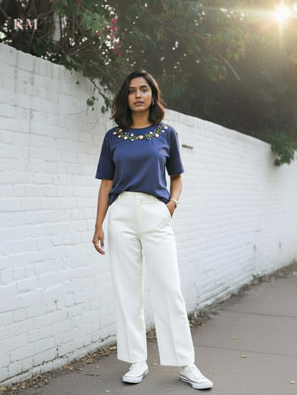 Floral Vine Embroidered Collar T-shirt | Floral Vine Embroidered T-shirt For Nature Lovers