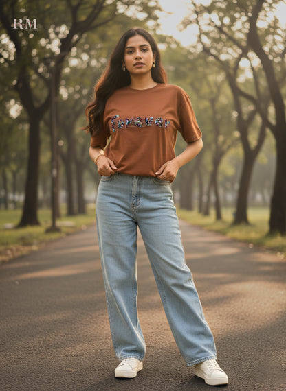 Forever Floral Embroidery T-shirt – Soft Brown Cotton | Handmade Blossom Design