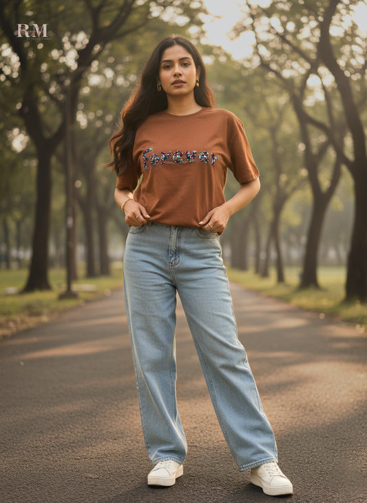 Forever Floral Embroidery T-shirt – Soft Brown Cotton | Handmade Blossom Design