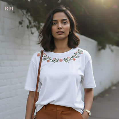 Floral Vine Embroidered Collar T-shirt | Floral Vine Embroidered T-shirt For Nature Lovers