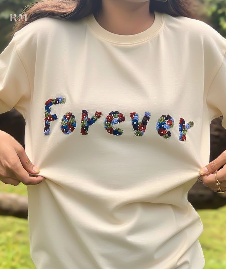 Forever Floral Embroidery T-shirt – Soft Brown Cotton | Handmade Blossom Design