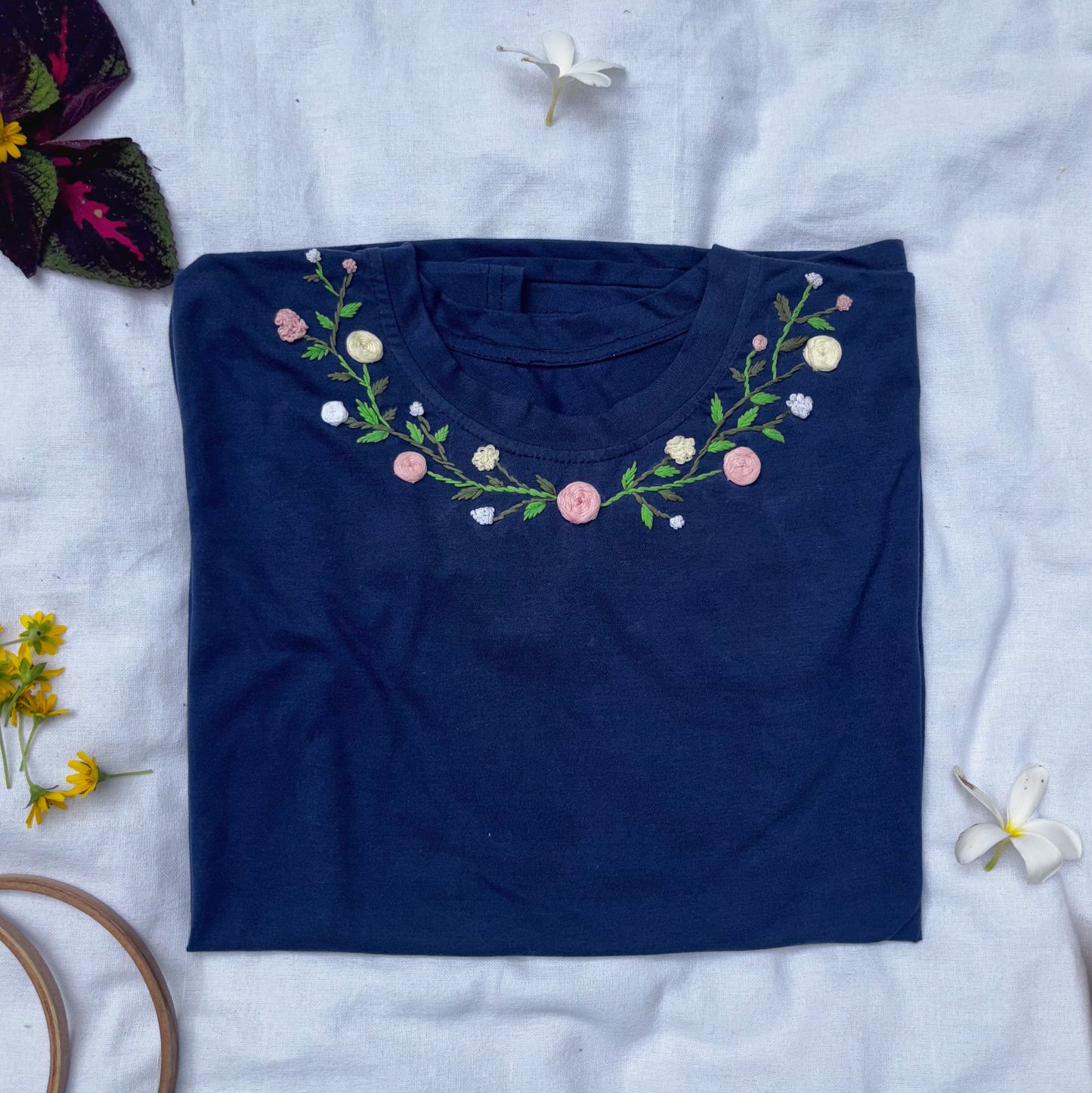 Elegant handmade embroidery floral neckline cotton T-shirt