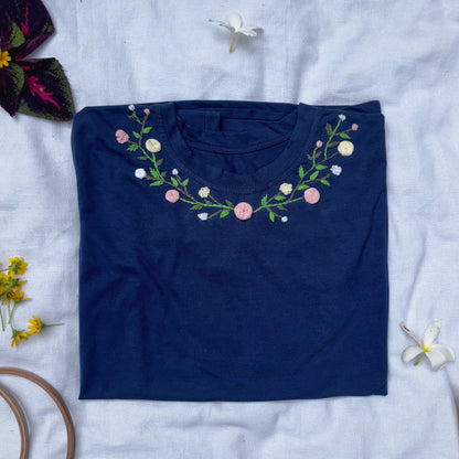 Elegant handmade embroidery floral neckline cotton T-shirt