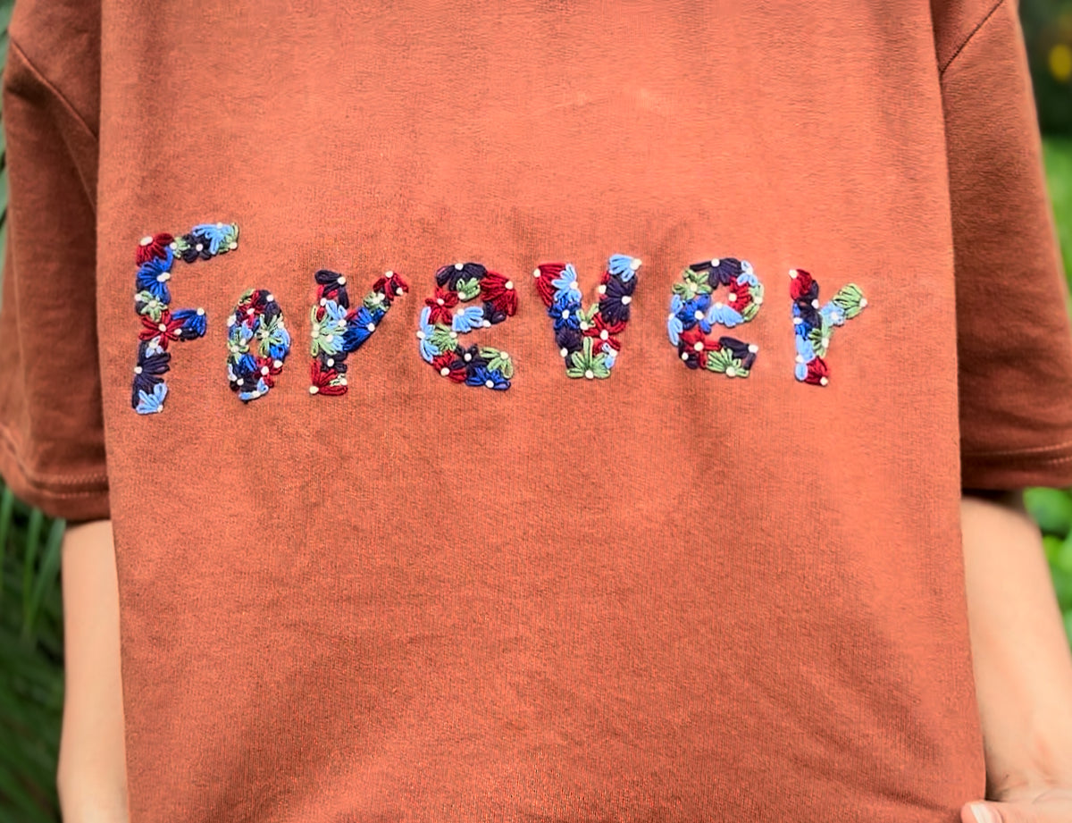 Forever Floral Embroidery T-shirt – Soft Brown Cotton | Handmade Blossom Design