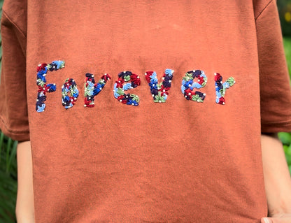 Forever Floral Embroidery T-shirt – Soft Brown Cotton | Handmade Blossom Design