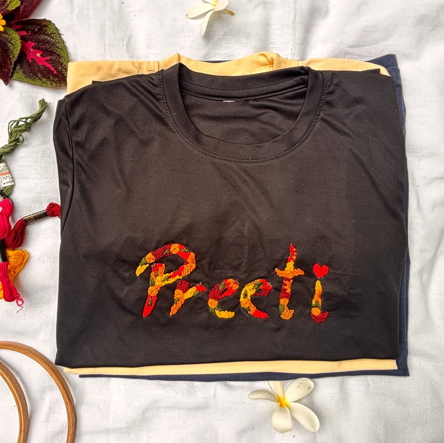 Unique handmade embroidered cotton T-shirt with personalized design